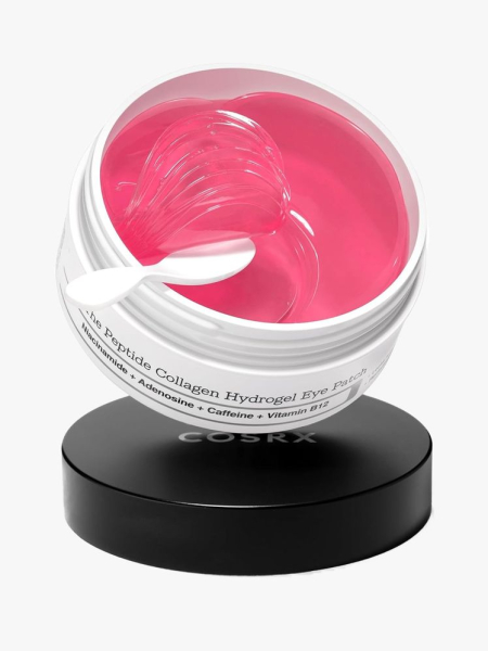 CosRx Pink Peptide Collagen Hydrogel Eye Patches in branded tub component on a light gray background