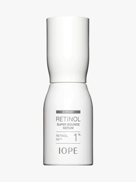 IOPE Expert Retinol Rx 1% Super Bounce Serum in branded component on a light gray background