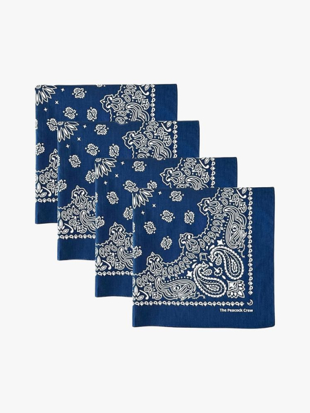 The Peacock Crew Premium Soft Cotton Bandanas in branded components on a light gray background