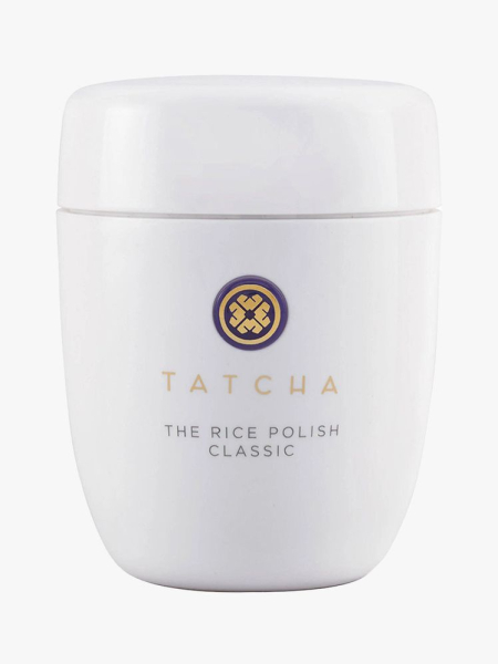 Tatcha The Rice Polish: Classic white jar on light gray background